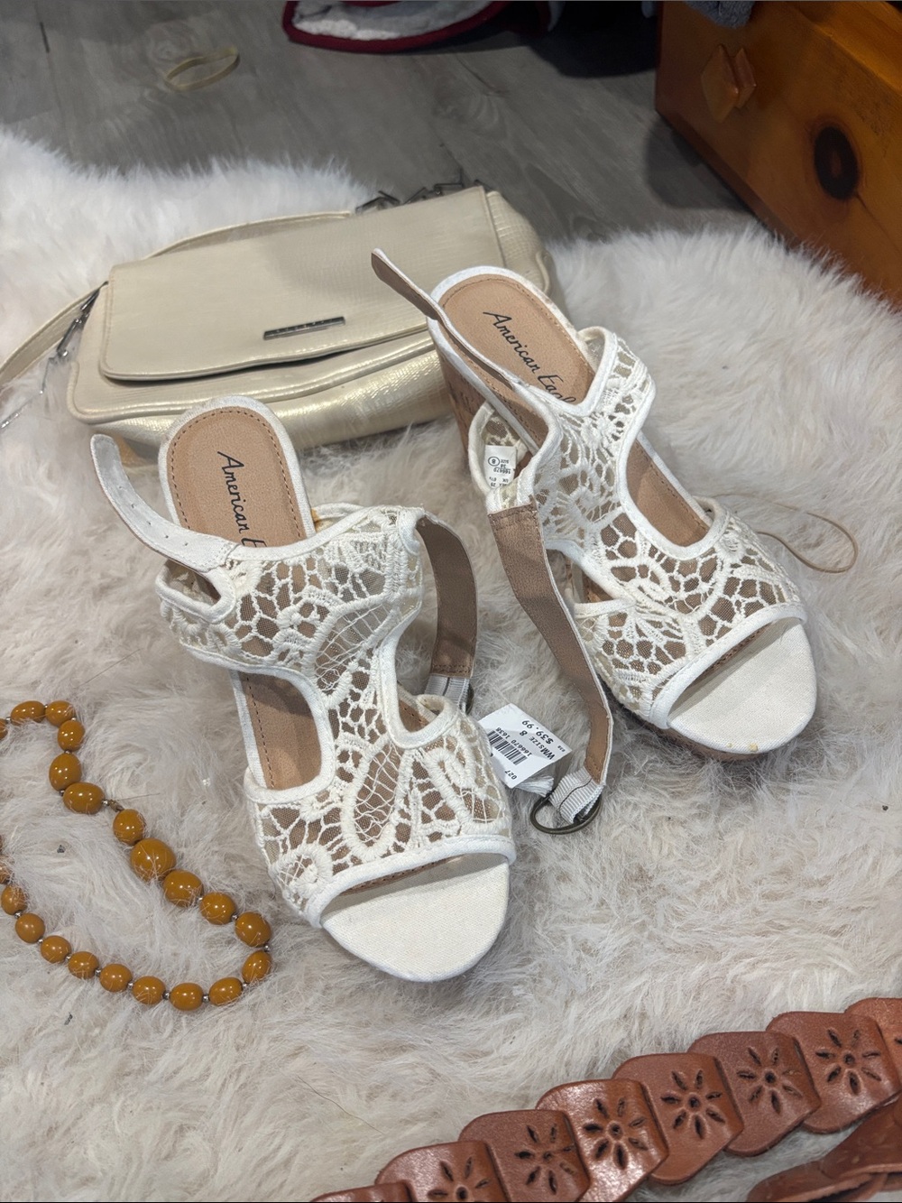 American Eagle Outfitters White Lace Peep-Toe Slingback Heels